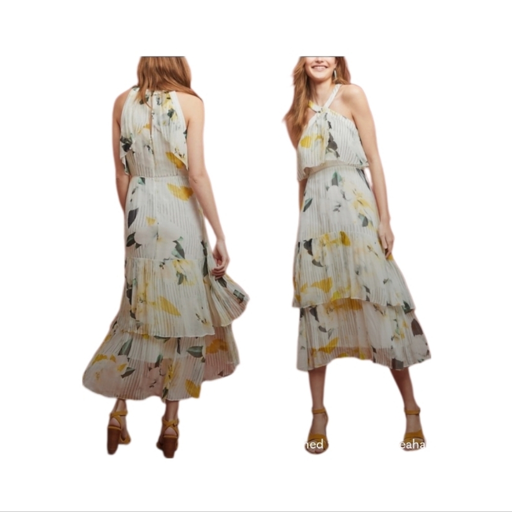 Anthropologie White Garden Party Dress Size 12 Floor Length Halter Tiered Maxi